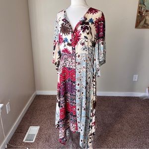 Umgee multicolor Boho red  blue green cream floral artsy dress kimono